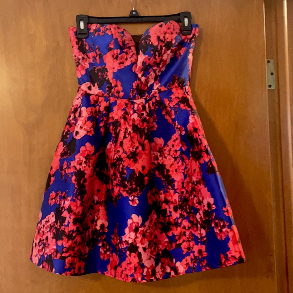 Strapless Blue Dress with Pink Flowers